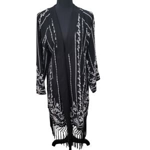 Topshop Kimono‎ Open Front Cardigan Embroidered Fringe Long Sleeve Witchy Sz 8